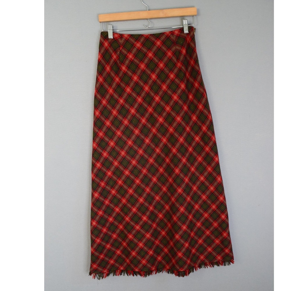 Anthropologie Maxi Skirt Medium Red Green Plaid Wool Blend Fringe Hem Women